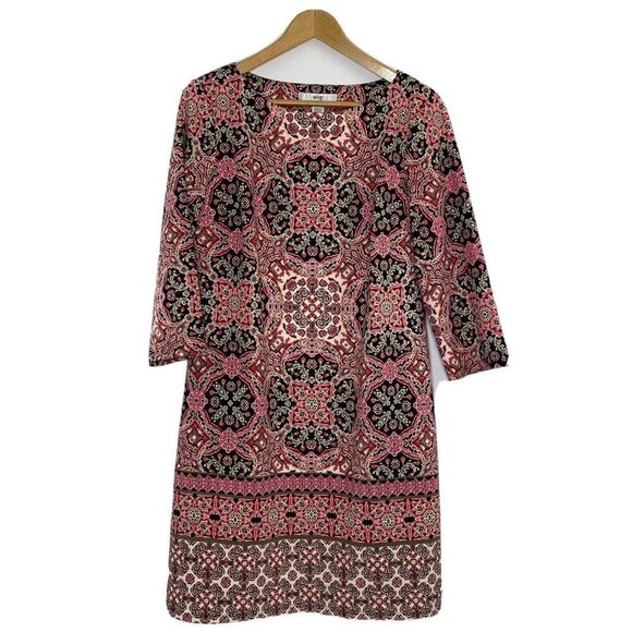 Wisp Stitch Fix 3/4 Sleeve Dress Womens Size 14 Midi Round Neck Border Print Red - Picture 1 of 7